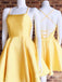 Elegant Spaghetti Lace-up Back A-line Yellow Soft Satin Short Homecoming Dress, Prom DressPD382246