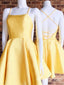 Elegant Spaghetti Lace-up Back A-line Yellow Soft Satin Short Homecoming Dress, Prom DressPD382246