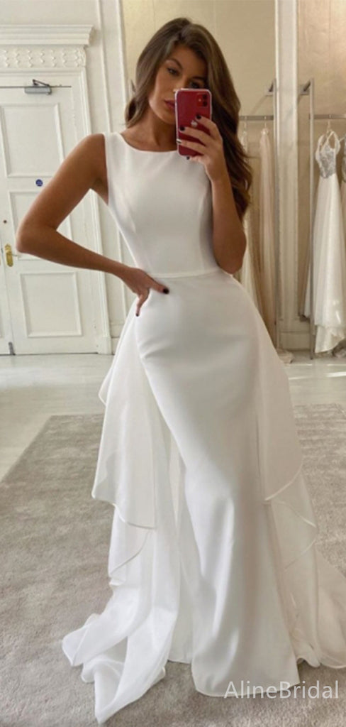 Elegant Jewel Neck Ivory Mermaid Long Wedding Dresses with Panel Tulle, WD3102