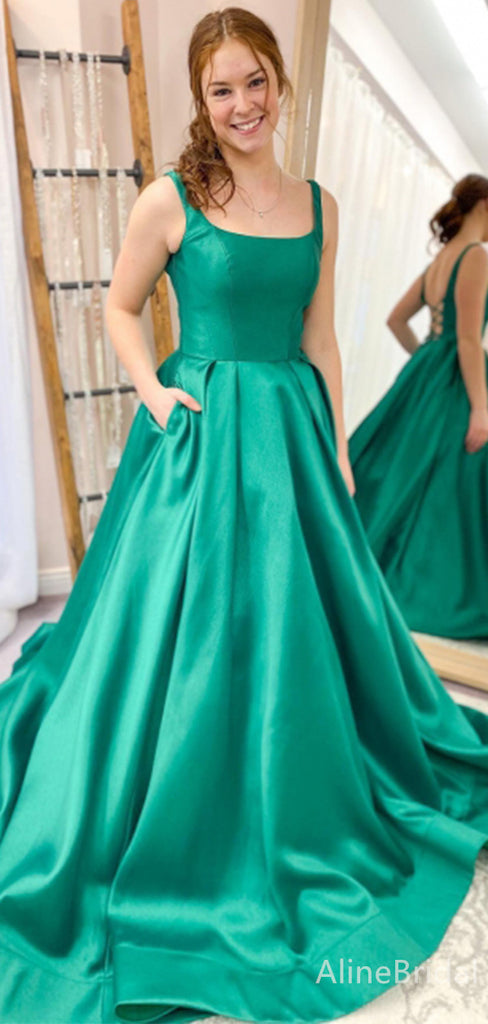 Elegant Green Square Lace-Up A-line Long Prom Dress,PD38082