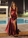 Simple Red V-neck Side Slit A-line Long Prom Dress, Evening Dres, PD38094