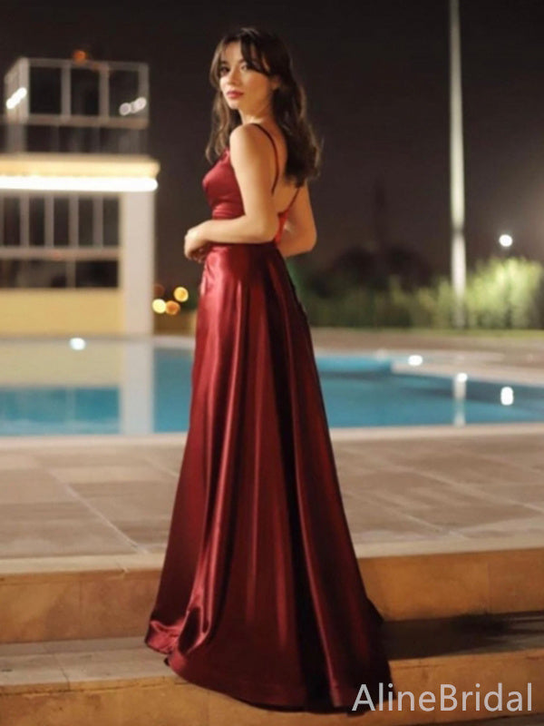 Simple Red V-neck Side Slit A-line Long Prom Dress, Evening Dres, PD38094