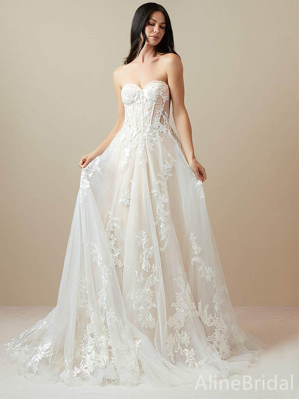 Romantic Sweatheart Strapless Lace A-line Long Wedding Dresses,WD3071