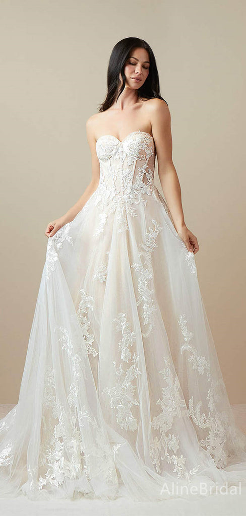 Romantic Sweatheart Strapless Lace A-line Long Wedding Dresses,WD3071