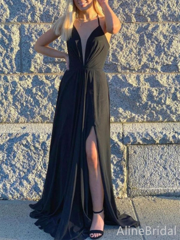 Sexy Black Deep V-neck Spaghetti Strap A-line Long Prom Dress,PD38081