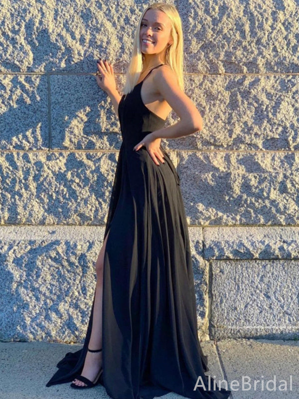 Sexy Black Deep V-neck Spaghetti Strap A-line Long Prom Dress,PD38081