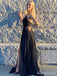Sexy Black Deep V-neck Spaghetti Strap A-line Long Prom Dress,PD38081