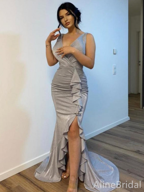 Sparkly Grey V-neck Ruffles Mermaid Long Prom Dress with Slit, PD38077