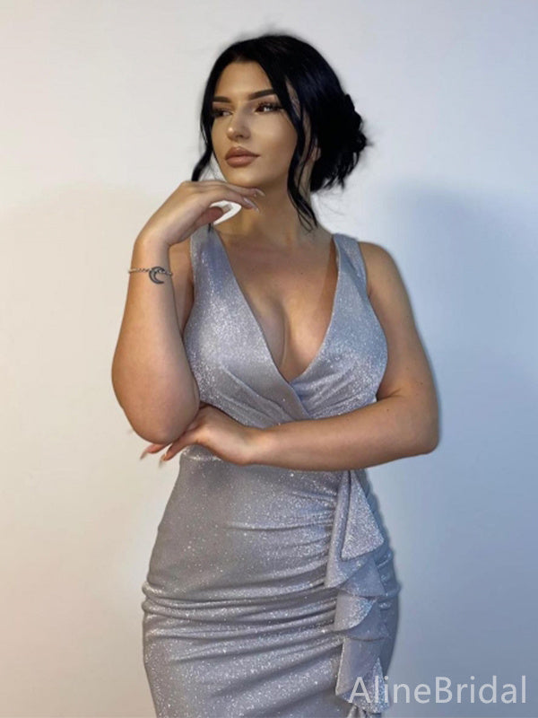 Sparkly Grey V-neck Ruffles Mermaid Long Prom Dress with Slit, PD38077