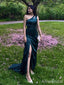 Elegant Dark Green One Shoulder Cut Out Mermaid Long Prom Dress with Slit, PD38098