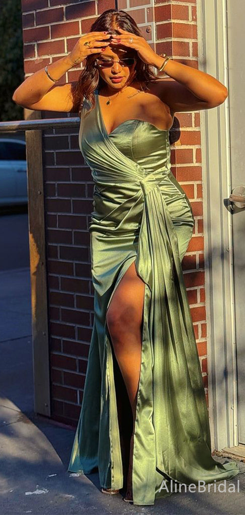 Elegant One Shoulder Pleated Side Slit Mermaid Long Prom Dress, PD38101