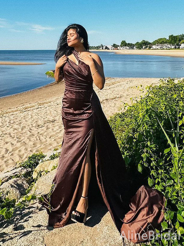 Elegant Dark Brown One Shoulder Side Slit Mermaid Long Prom Dress,Evening Dress, PD38102