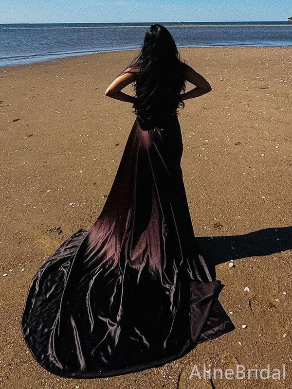 Elegant Dark Brown One Shoulder Side Slit Mermaid Long Prom Dress,Evening Dress, PD38102