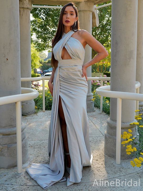 Sexy Light Grey Cross-Halter Side Slit Long Prom Dress, Evening Dress, PD38107