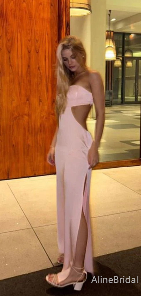 Elegant Light Pink Strapless Side Cut Out Mermaid Long Prom Dress with Slit, PD38121