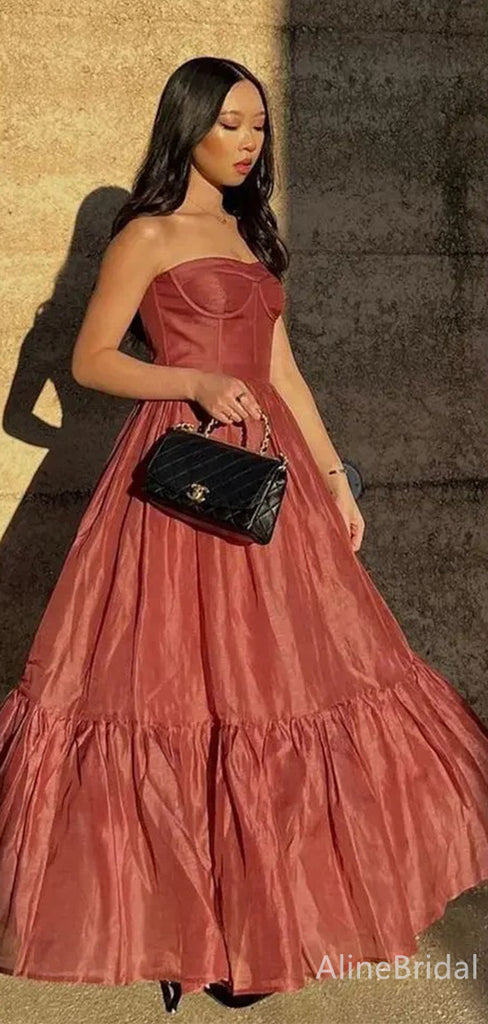 Elegant Rust Strapless Corset A-line Long Prom Dress, Evening Gown, PD38122