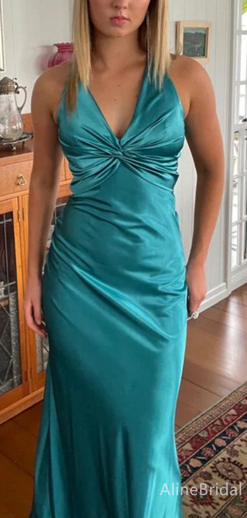 Elegant Teal Blue Halter Backless Mermaid Long Prom Dress with Bow, PD38123