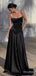 Elegant Black V-neck Spaghetti Strap A-line Long Prom Dress, PD38124
