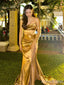 Stunning Gold Strapless Side Slit Pleated Corset Mermaid Long Prom Dress,PD38142