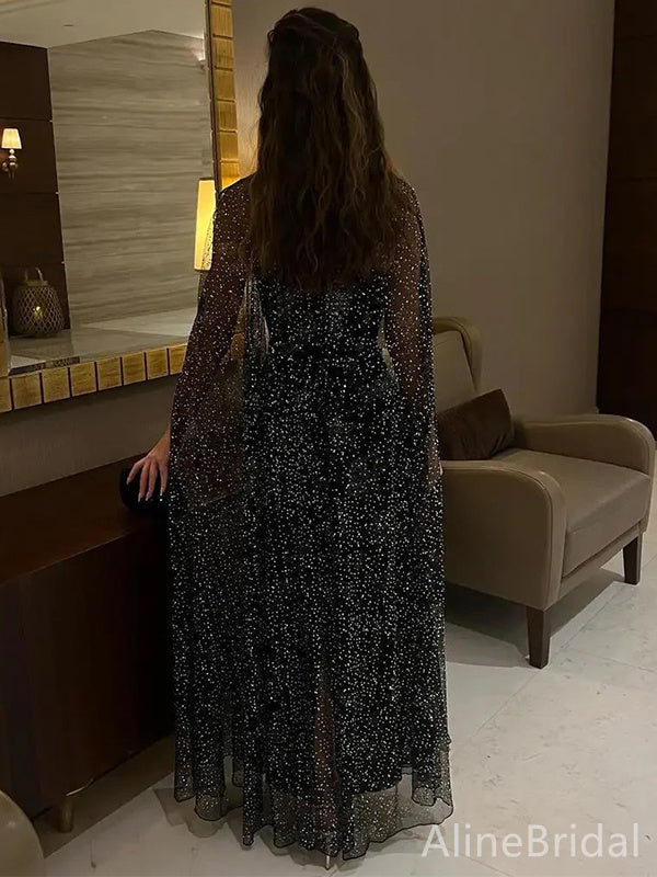 Sparkly Black Beadings A-line Long Prom Dress with Tulle Cape, PD38145