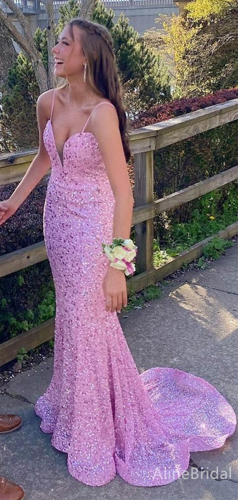 Sparkly Pink Sequins Sweetheart Spaghetti Strap Mermaid Long Prom Dress, PD38152