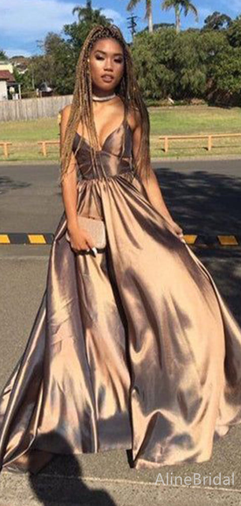 Elegant Champagne Gold V-neck Spaghetti Strap A-line Long Prom Dress,PD38157