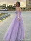 Sparkly Purple Spaghetti Strap A-line Long Prom Dress with Tie Shoulder, PD38164