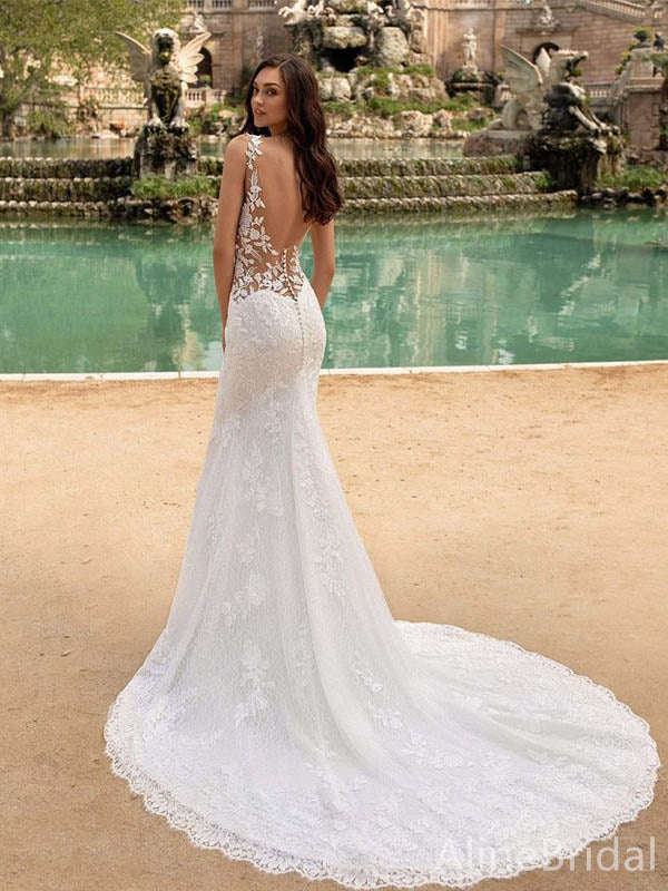Romantic V-neck Mermaid Long Lace Wedding Dresses, WD3074