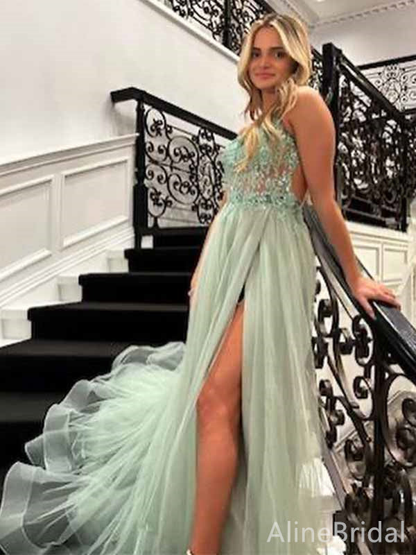 Elegant Green V-neck Lace Applique Side Slit A-line Long Tulle Prom Dress, PD38173
