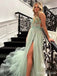 Elegant Green V-neck Lace Applique Side Slit A-line Long Tulle Prom Dress, PD38173