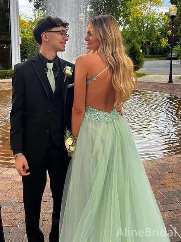 Elegant Green V-neck Lace Applique Side Slit A-line Long Tulle Prom Dress, PD38173