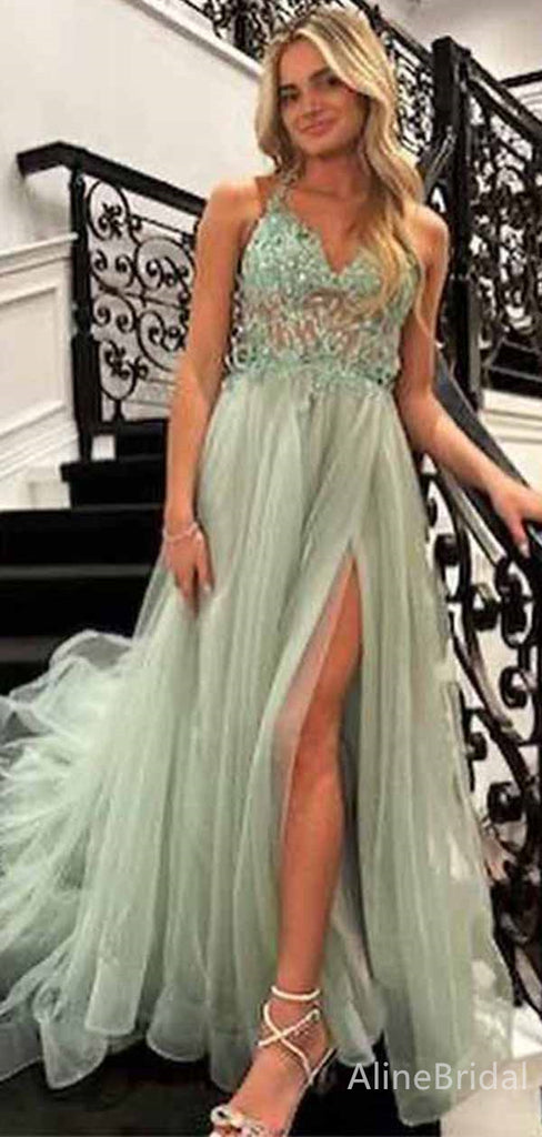 Elegant Green V-neck Lace Applique Side Slit A-line Long Tulle Prom Dress, PD38173