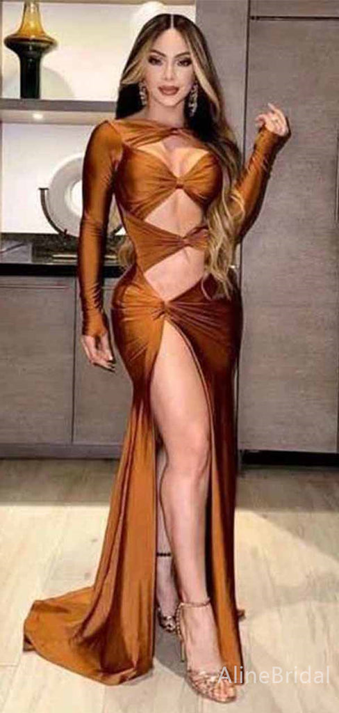 Sexy Burnt Orange Side Slit Cut Out Mermaid Long Prom Dress, Evening Gown, PD381757