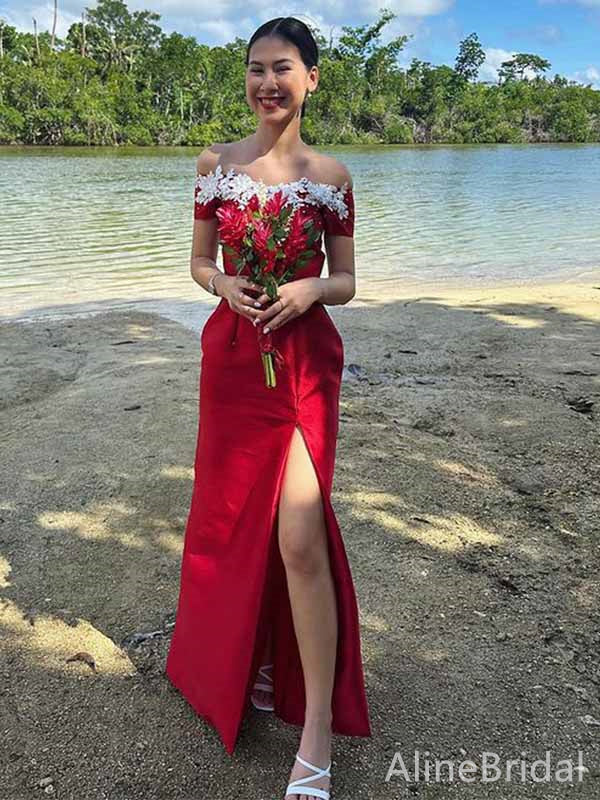 Gorgeous Red Off the Shoulder Lace Trim Side Slit Mermaid Long Prom Dress, Evening Dress, PD381767