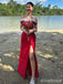 Gorgeous Red Off the Shoulder Lace Trim Side Slit Mermaid Long Prom Dress, Evening Dress, PD381767