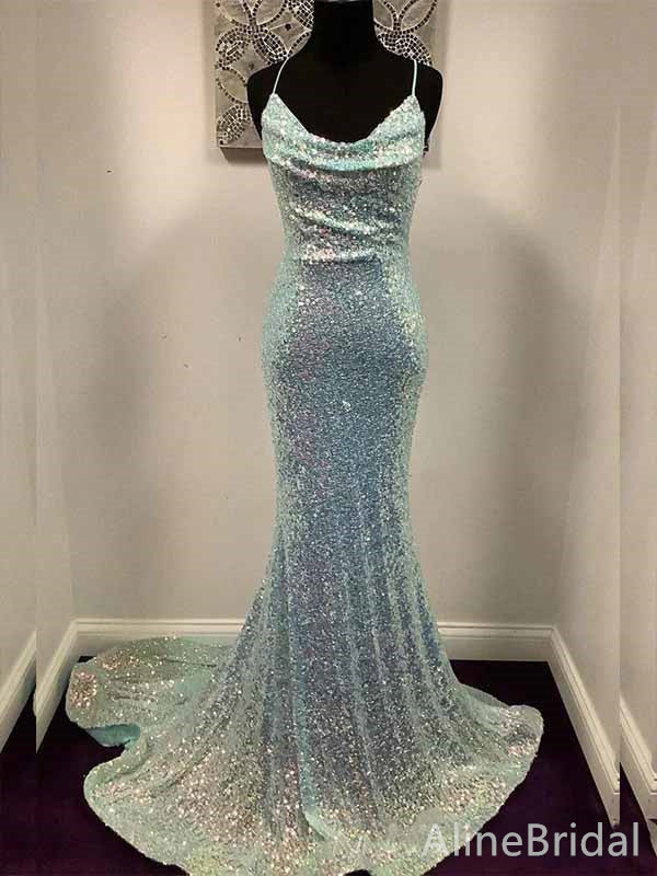Sparkly Blue Sequins Spaghetti Strap Mermaid Long Prom Dress,PD381776