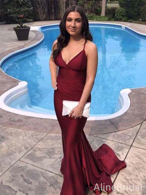 Sexy Burgundy V-neck Backless Mermaid Long Prom Dress, Evening Dress, PD381779