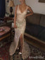 Sparkly Champagne Sequins V-neck Mermaid Long Prom Dress with Slit, PD381791