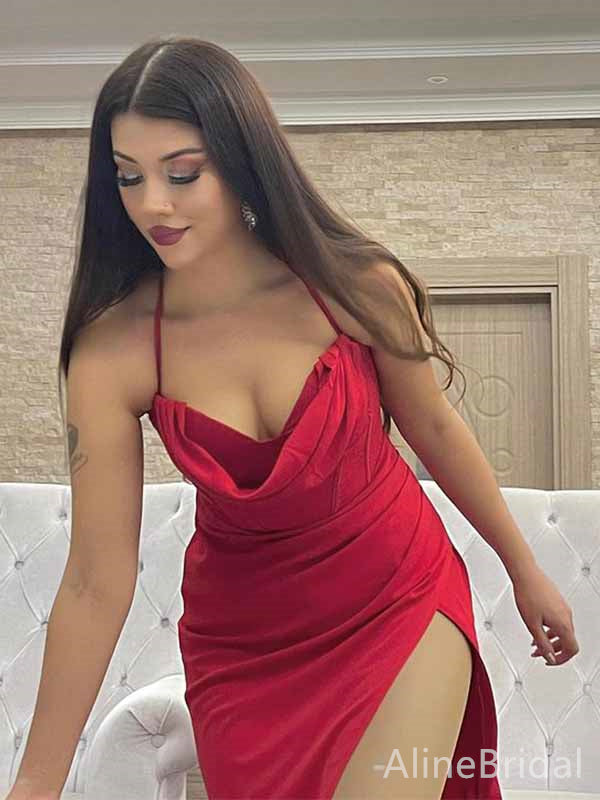 Sexy Red Sweetheart Halter Side Slit A-line Long Prom Dress, Evening Dress, PD381796