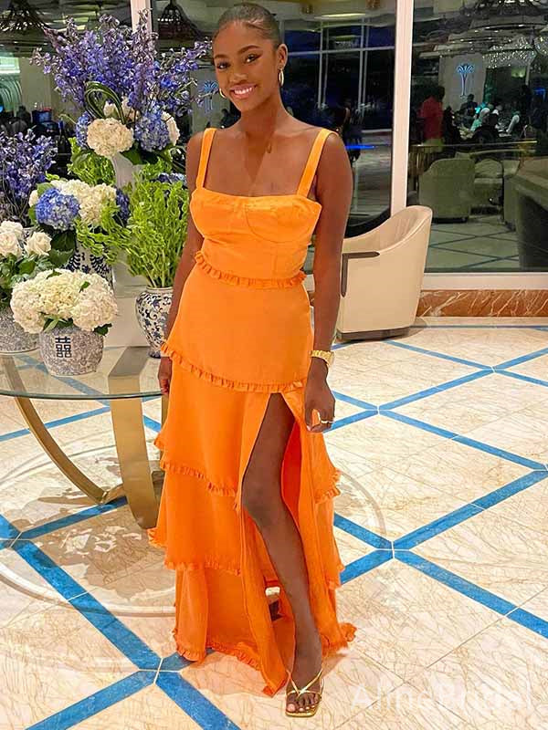 Simple Orange Square Ruffles A-line Long Prom Dress with Slit, PD381806