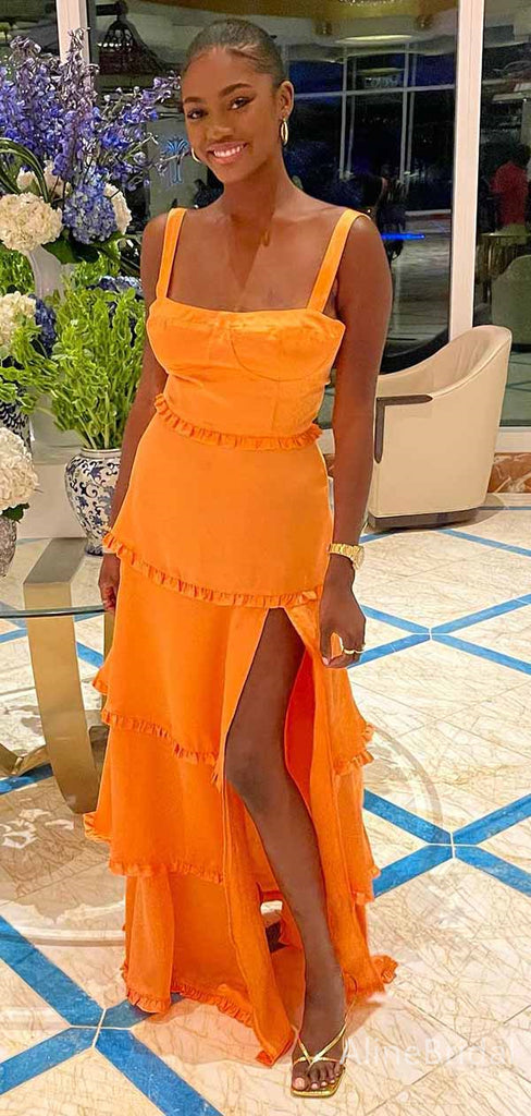 Simple Orange Square Ruffles A-line Long Prom Dress with Slit, PD381806