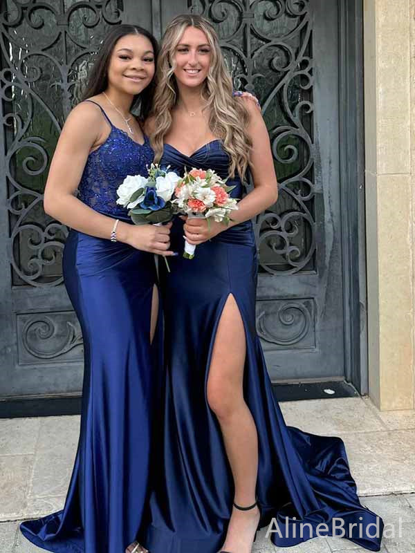 Elegant Navy Blue Sweetheart Strapless Front Twist Mermaid Long Prom Dress with Slit,PD381807