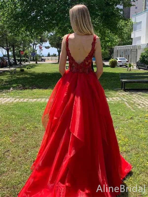 Gorgeous Red V-neck Lace Applique A-line Long Layered Tulle Prom Dress, PD381822
