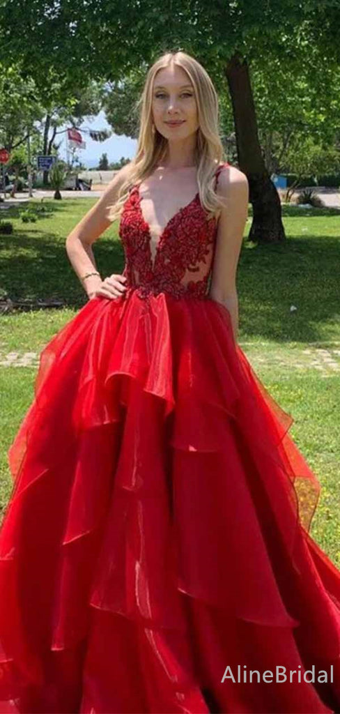Gorgeous Red V-neck Lace Applique A-line Long Layered Tulle Prom Dress, PD381822
