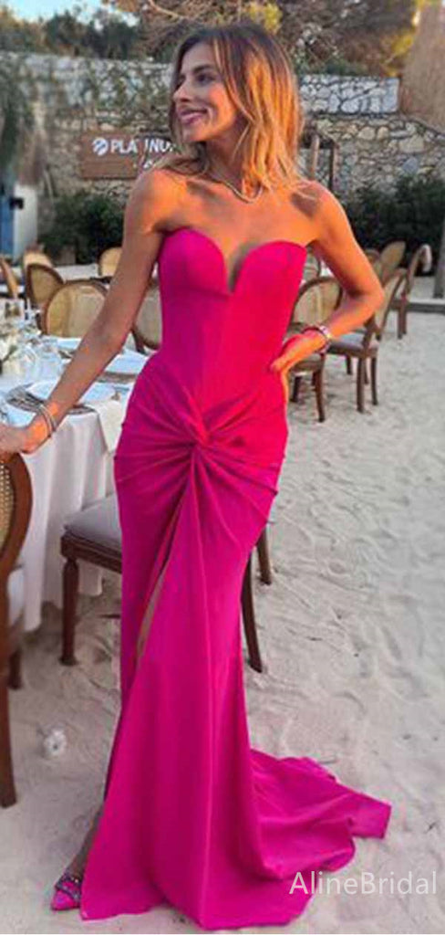 Elegant Hot Pink Sweetheart Strapless Mermaid Long Prom Dress with Front Twist,PD381825
