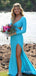 Elegant Tiffany Blue V-neck Cut-Out Long Sleeves Mermaid Long Prom Dress with Slit, PD381827