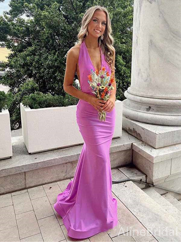 Elegant Purple V-neck Halter Backless Mermaid Long Prom Dress,PD381829