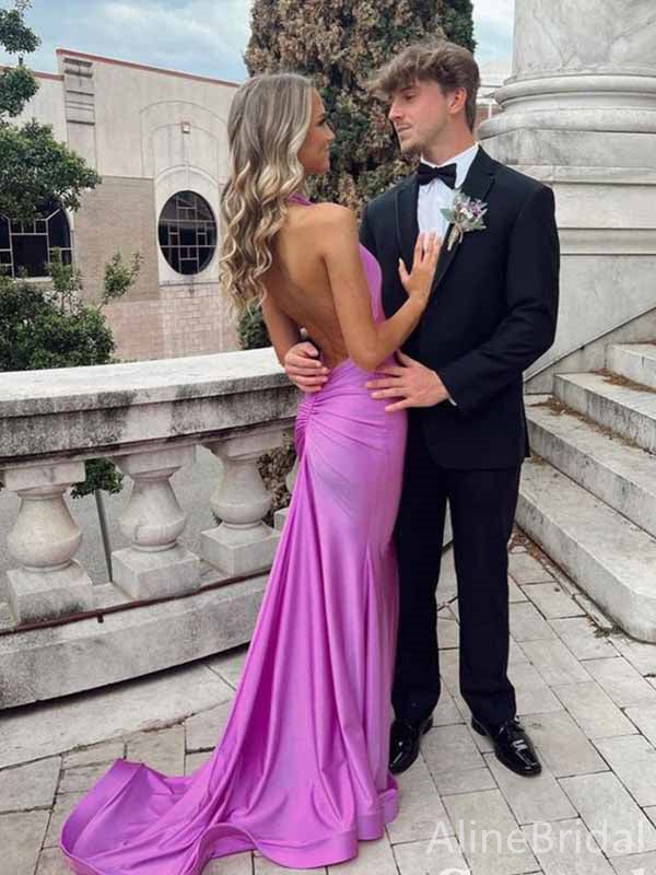 Elegant Purple V-neck Halter Backless Mermaid Long Prom Dress,PD381829