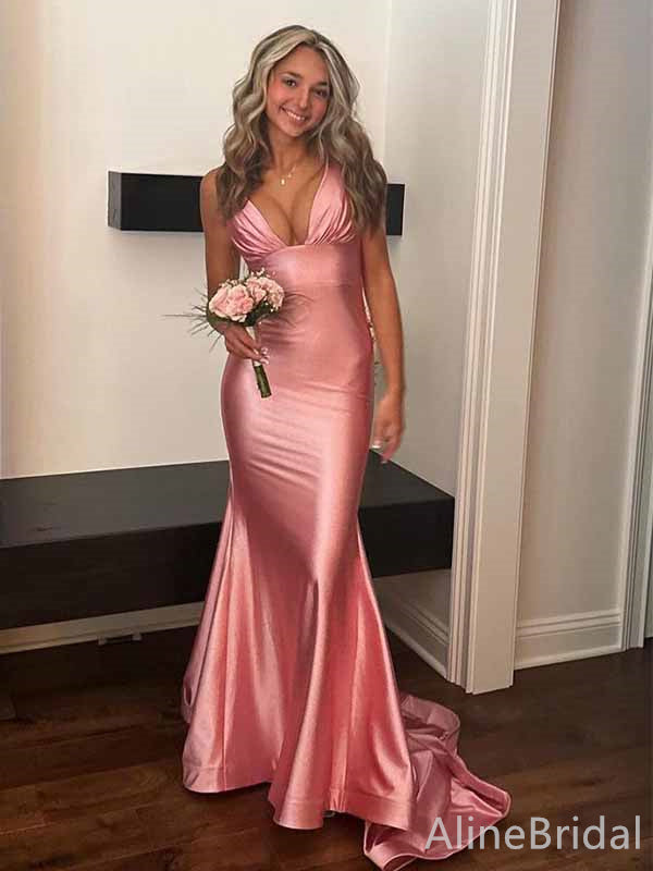 Sexy Pink V-neck Mermaid Long Prom Dress with Sweep Train, Stunning Evening Gown, PD381831