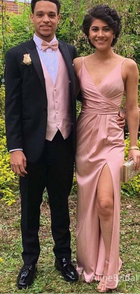 Elegant Pink V-neck Spaghetti Strap Side Slit A-line Long Prom Dress, PD381833